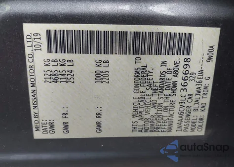 2020 Nissan Maxima Sv Xtronic Cvt z USA, uszkodzony, nr VIN 1N4AA6CV3LC366698